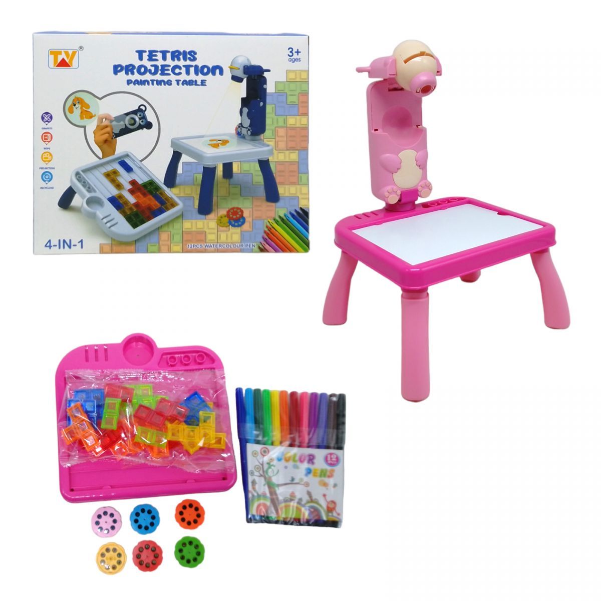 Уцінка.  Дитячий столик для малювання з проектором, мозаїка-тетріс (рожевий) - пом*ята коробка