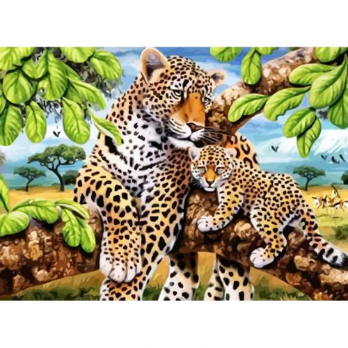Алмазна мозаїка, без підрамника "Леопард з дитинчам" 50х65 см фото