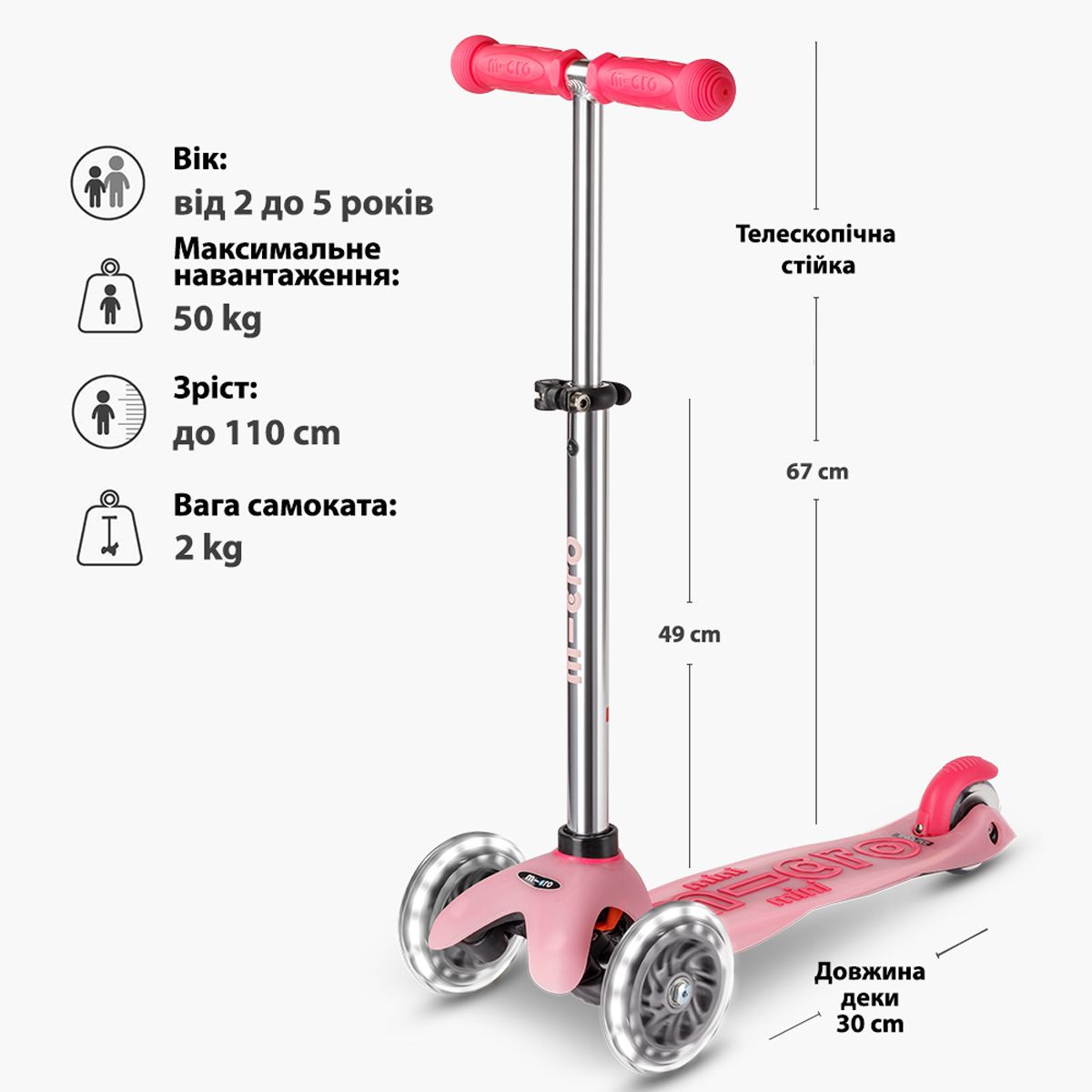 Самокат Micro серии Mini Deluxe Glow LED - Морозный розовый  фото 10