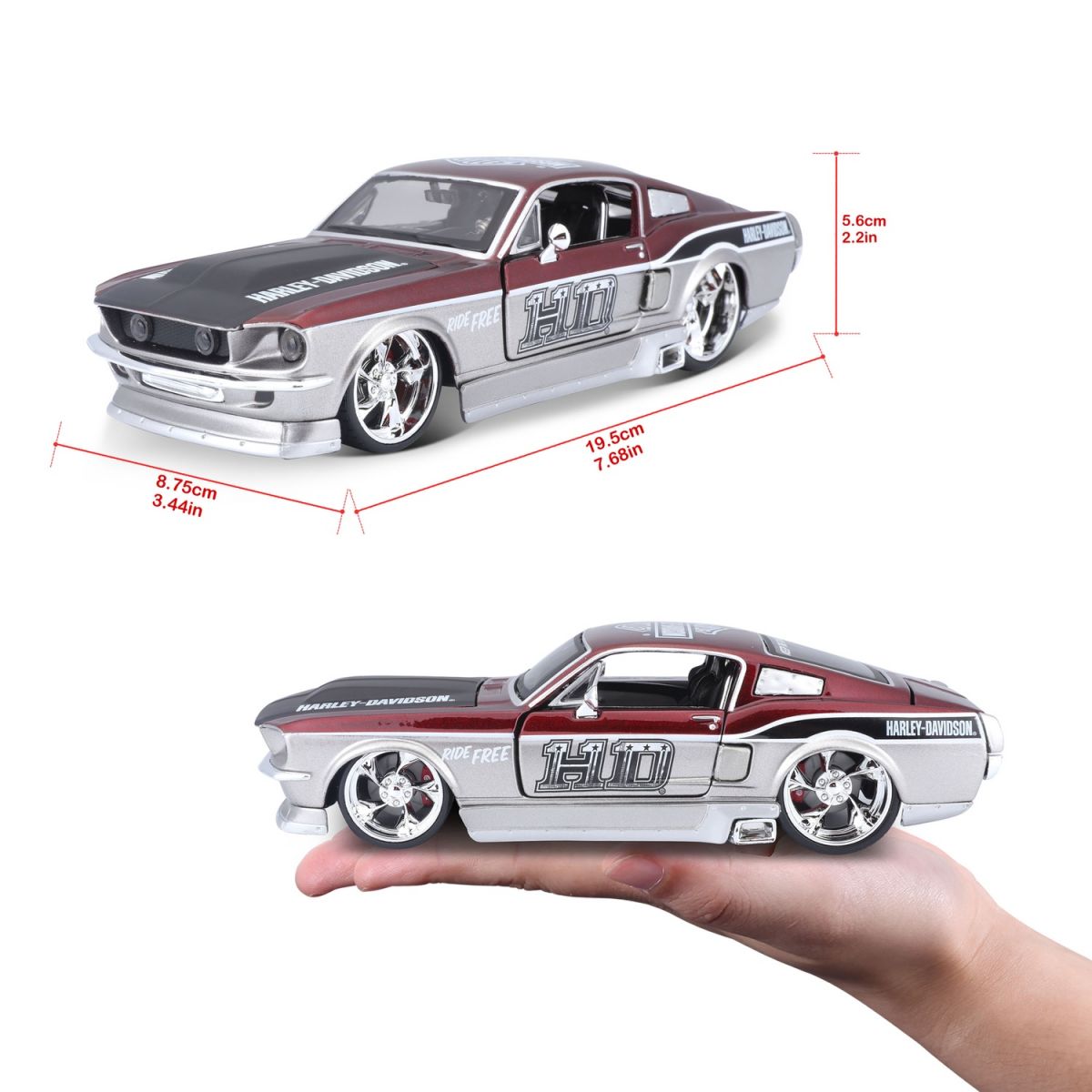 Машинка іграшкова Harley-Davidson 1967 Ford Mustang GT, масштаб 1:24, мет. червоний/срібний  фото 10