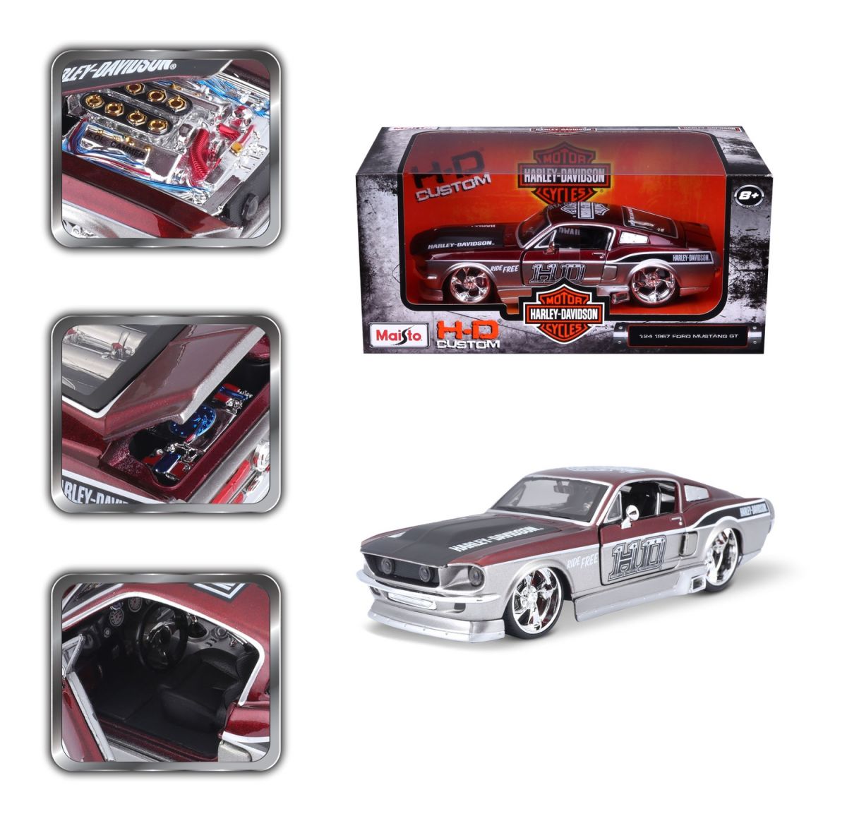 Машинка іграшкова Harley-Davidson 1967 Ford Mustang GT, масштаб 1:24, мет. червоний/срібний  фото 14