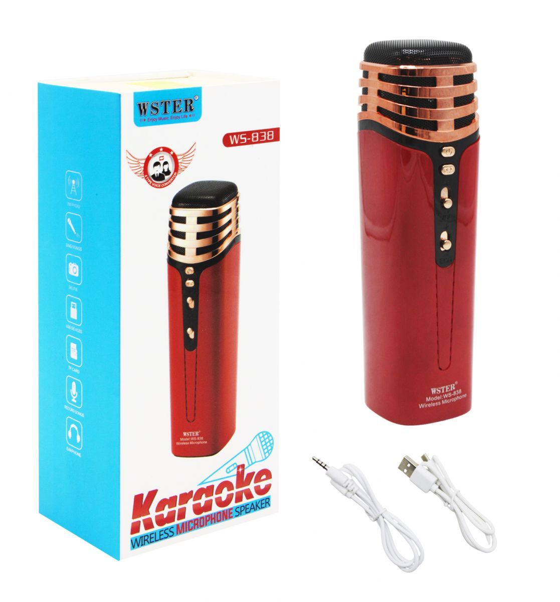 Уценка.  Беспроводной микрофон-караоке, красный  - не воспроизводит голос с музыкой, по отдельности