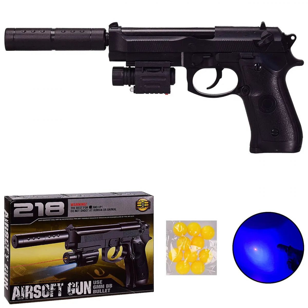 Пистолет 218C (72шт) свет, лазер, пульки, в коробке 24*17*4. 5 см, р-р игрушки – 32 см