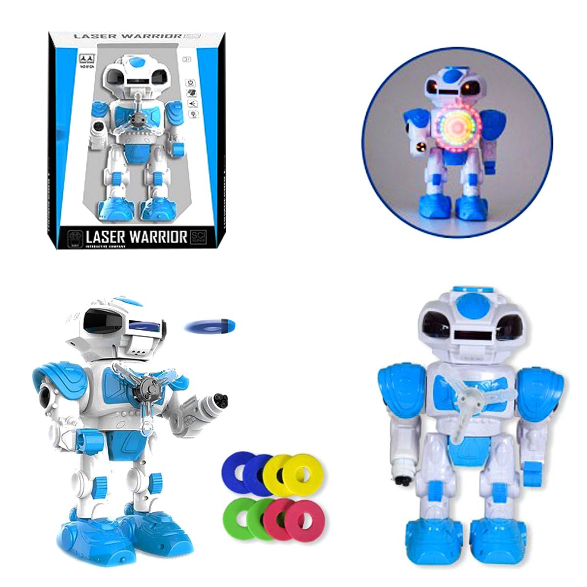 Уценка.  Робот "Laser Warrior", стреляет дисками (сине-белый) - грязная упаковка