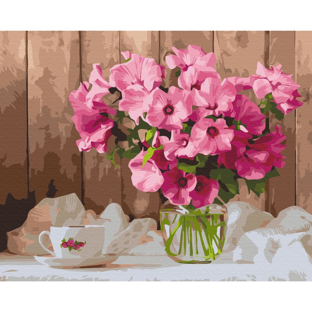 Картина по номерам "Розовые петунии на столе" ★★★
