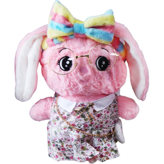 М'яка іграшка заєць рожевий в білому платті з окулярами