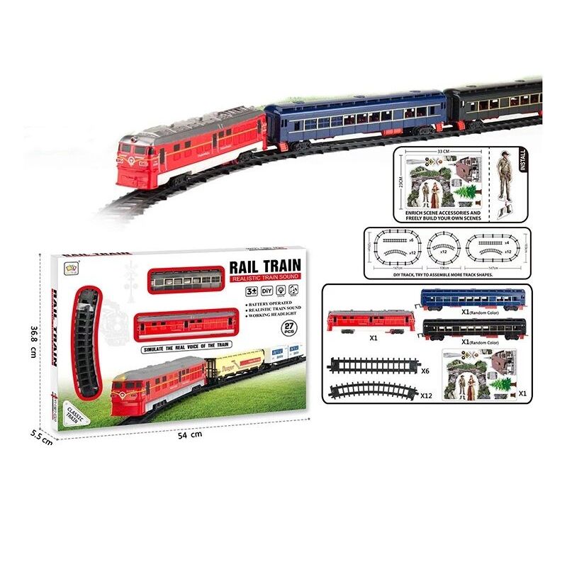 Железная дорога "Rail Train", 27 элементов, звук, подсветка, локомотив, 2 вагона (зеленый)