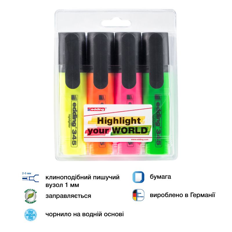 Маркер Highlighter e-345 набір 4 шт. (блістер PVC) фото 2 Маркер Highlighter e-345 набір 4 шт. (блістер PVC) фото 2