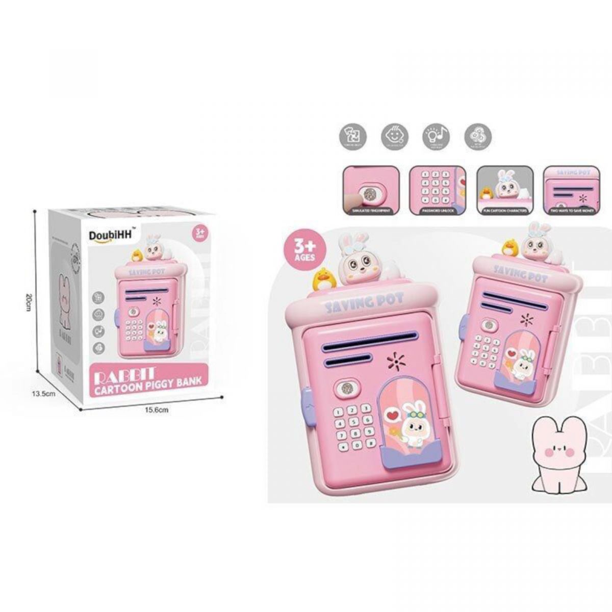 Сейф озвучення англійською мовою, імітація відбитку пальця, режими: тваринки, музика, музичні інструменти, назви рідних, отвори для купюр і монет, в коробці  фото 2