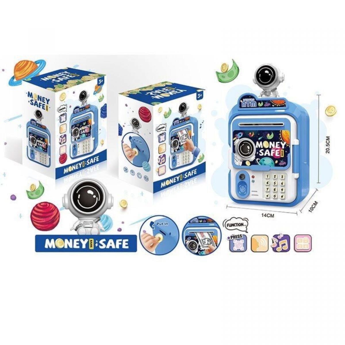 Сейф звуки, підсвічування, наліпки, іграшкові гроші, в коробці  фото 2