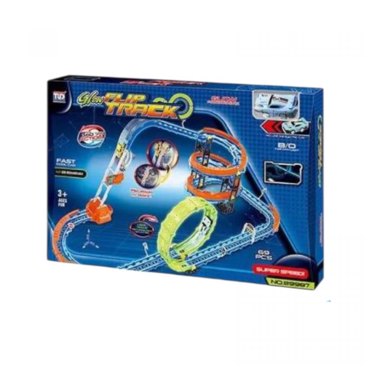 Трек 69 елементів, машинка із вбудованим акумулятором, підсвічування, світиться у темряві, трюки, муляжі оточення, в коробці  фото 2