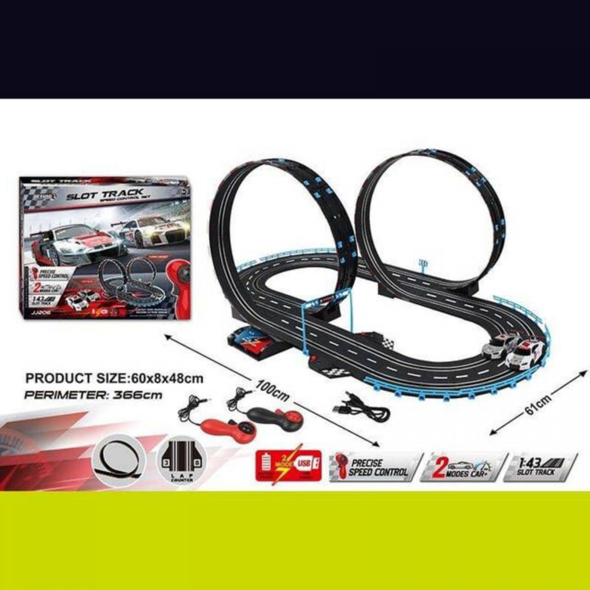 Трек на радіокеруванні траса 61х100 см, підсвічування, 2 машинки, мертва петля, 2 пульти керування, підключення до траси за допомогою проводу, від батарейок та від мережі, в коробці  фото 2