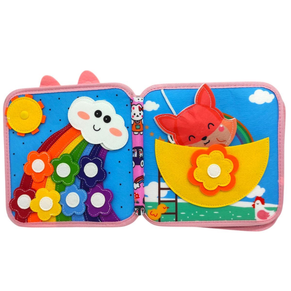 Мягкая книжка-бизиборд (фетр, пальчиковые игры, цифры, сортер по цвету, пискавка, элементы на липучках и кнопках)  фото 2