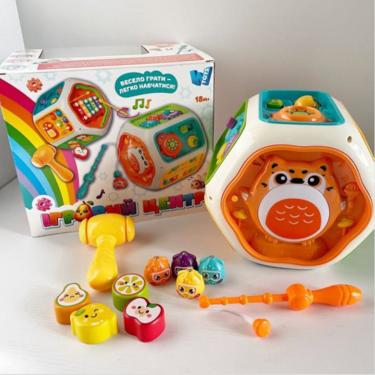 Ігровий центр, ОЗВУЧУВАННЯ УКРАЇНСЬКОЮ МОВОЮ, підсвічування, пісні, казки, скоромовки, цифри, музичні інструменти: барабан, клавіші, ксилофон, гра на реакцію, магнітна риболовля, пальчикові ігри, сортер, шестерні, в коробці  фото 2