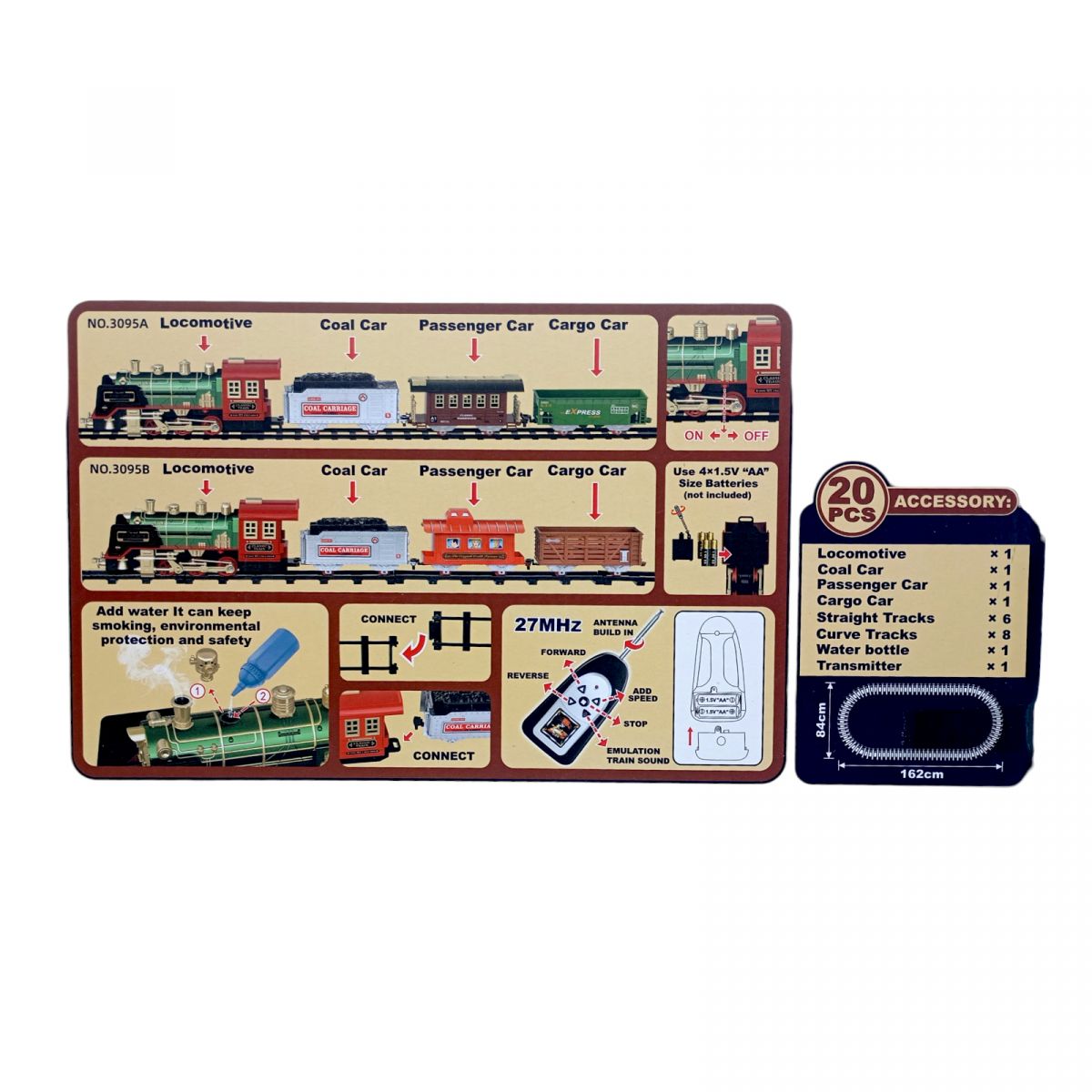Железная дорога на радиоуправлении аккумулятор 3. 7 V, пульт 2. 4 GHz, локомотив, 3 вагона, звуки, подсветка, парогенератор, в коробке  фото 2