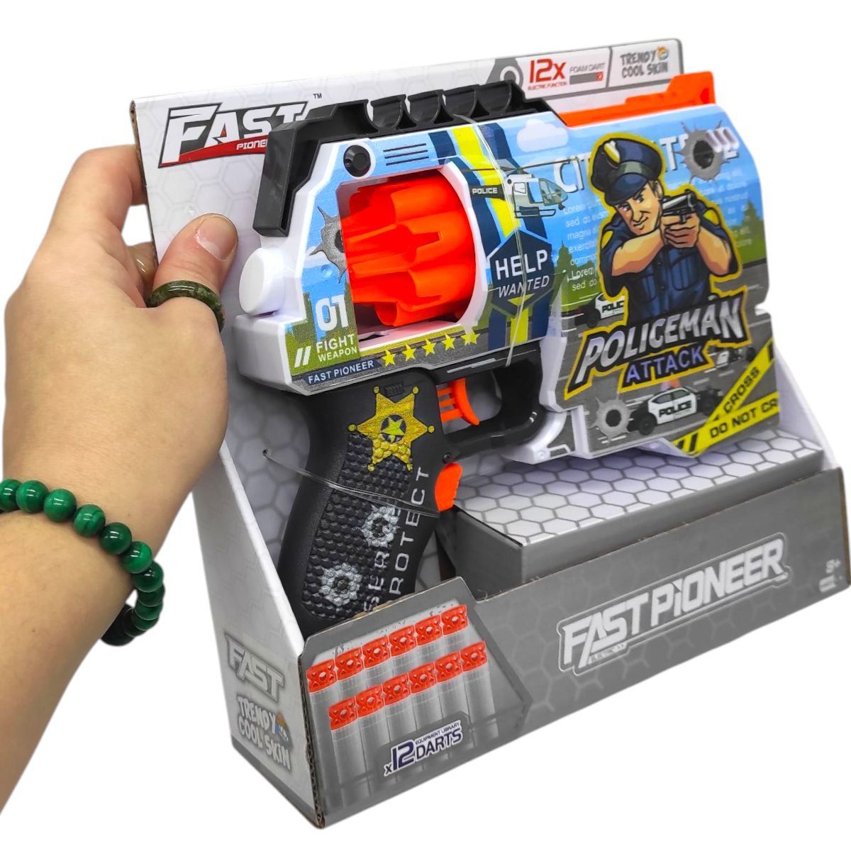 Іграшковий пістолет (бластер) з барабаном та мʼякими патронами (21х19 см, коробка - 24х22х6,5 см)  фото 2