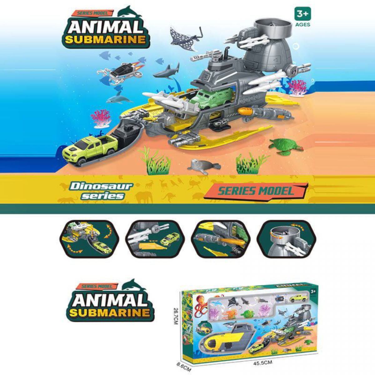 Підводний човен “Субмарина”, 6 фігурок тварин, розкладається, механічний запускач, 2 пушки, снаряди, рухомі елементи, в коробці  фото 2