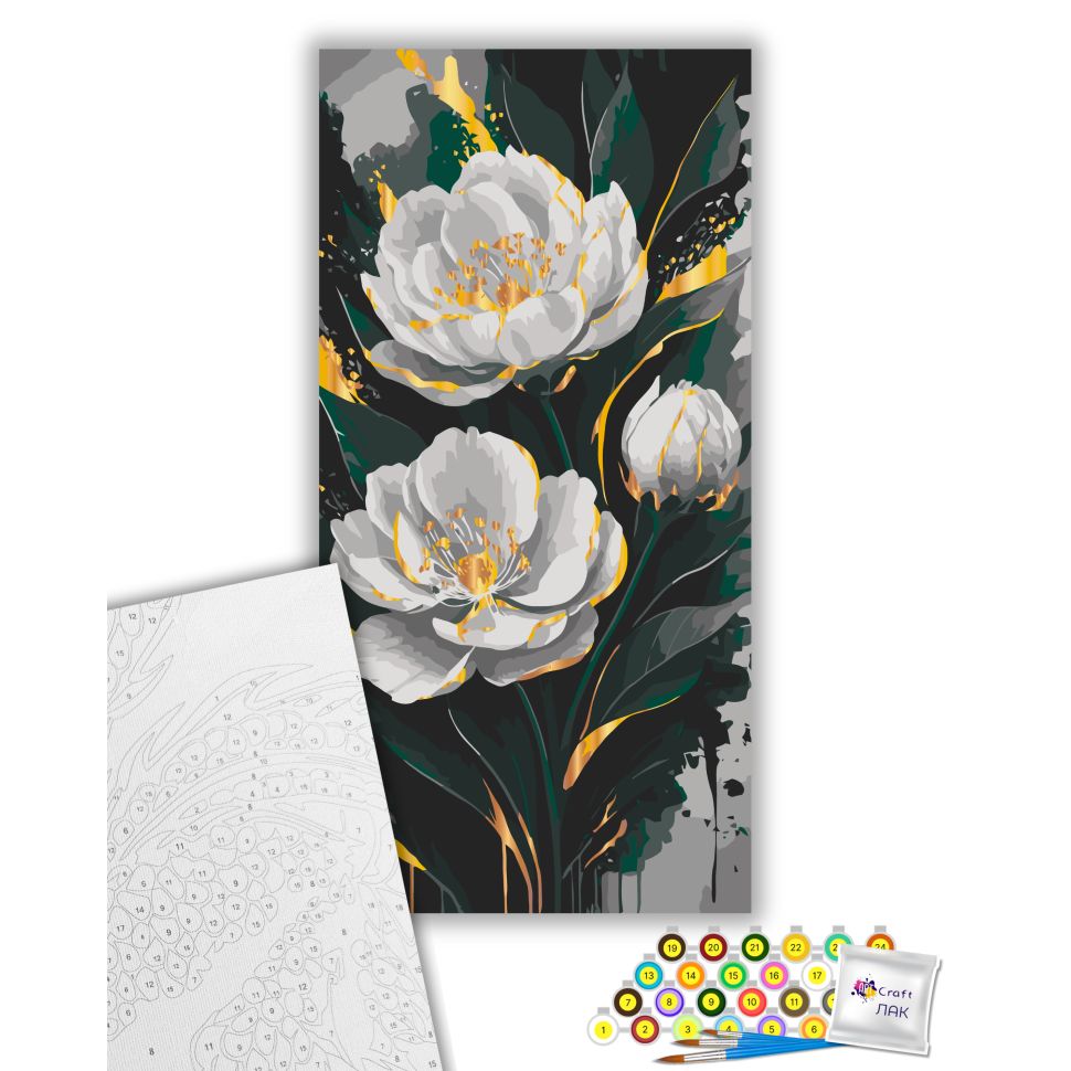 Картина за номерами з фарбами металік "Золото півонії" 40х80 см  фото 2