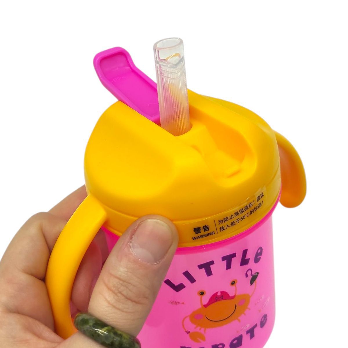 Дитячий поїльник з трубочкою, 280 мл (РОЖЕВИЙ, ЖОВТІ РУЧКИ)  фото 2