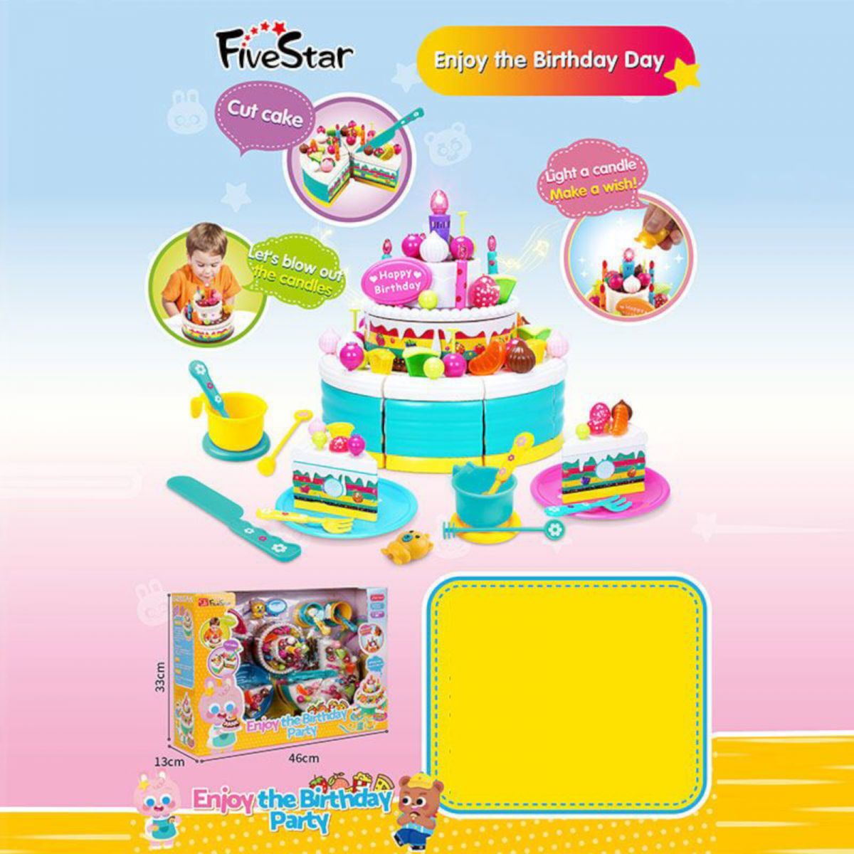 Тортик на липучках смаколики, прикраси, посуд, свічка та запальничка підсвічуються, в коробці  фото 2