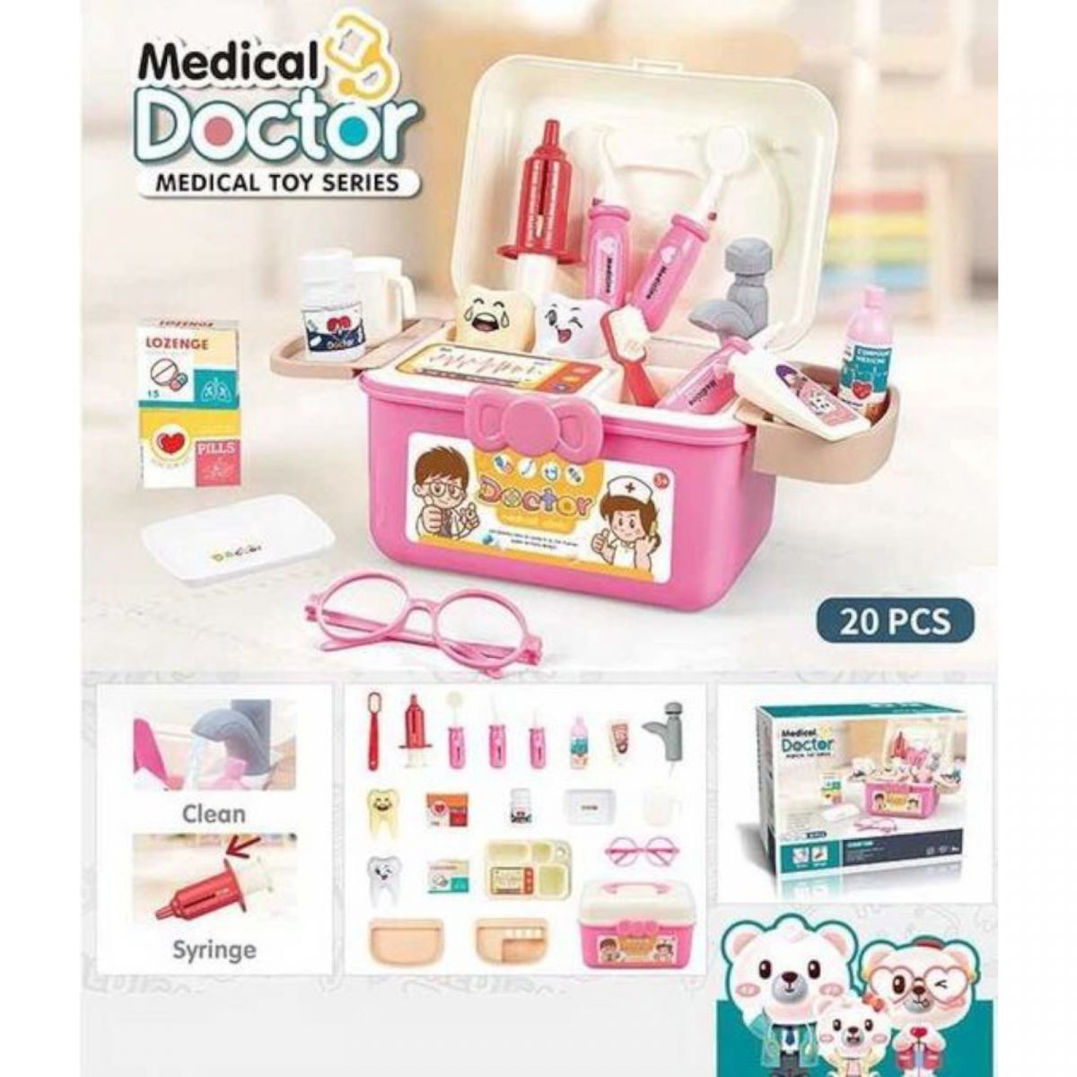 Набір лікаря "Doctor Medical", 20 елеметів, помпове накачування, колір рожевий, у коробці  фото 2
