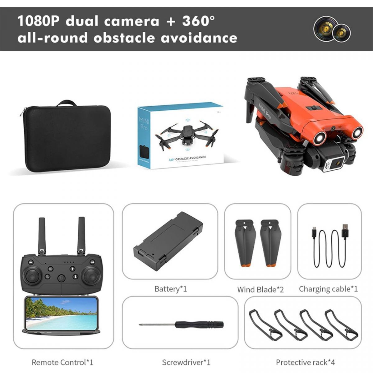 Квадрокоптер на радіокеруванні акумулятор, USB-кабель, викрутка, пульт, підсвічування, HD камера, сумка для зберігання, додаток, в коробці  фото 2