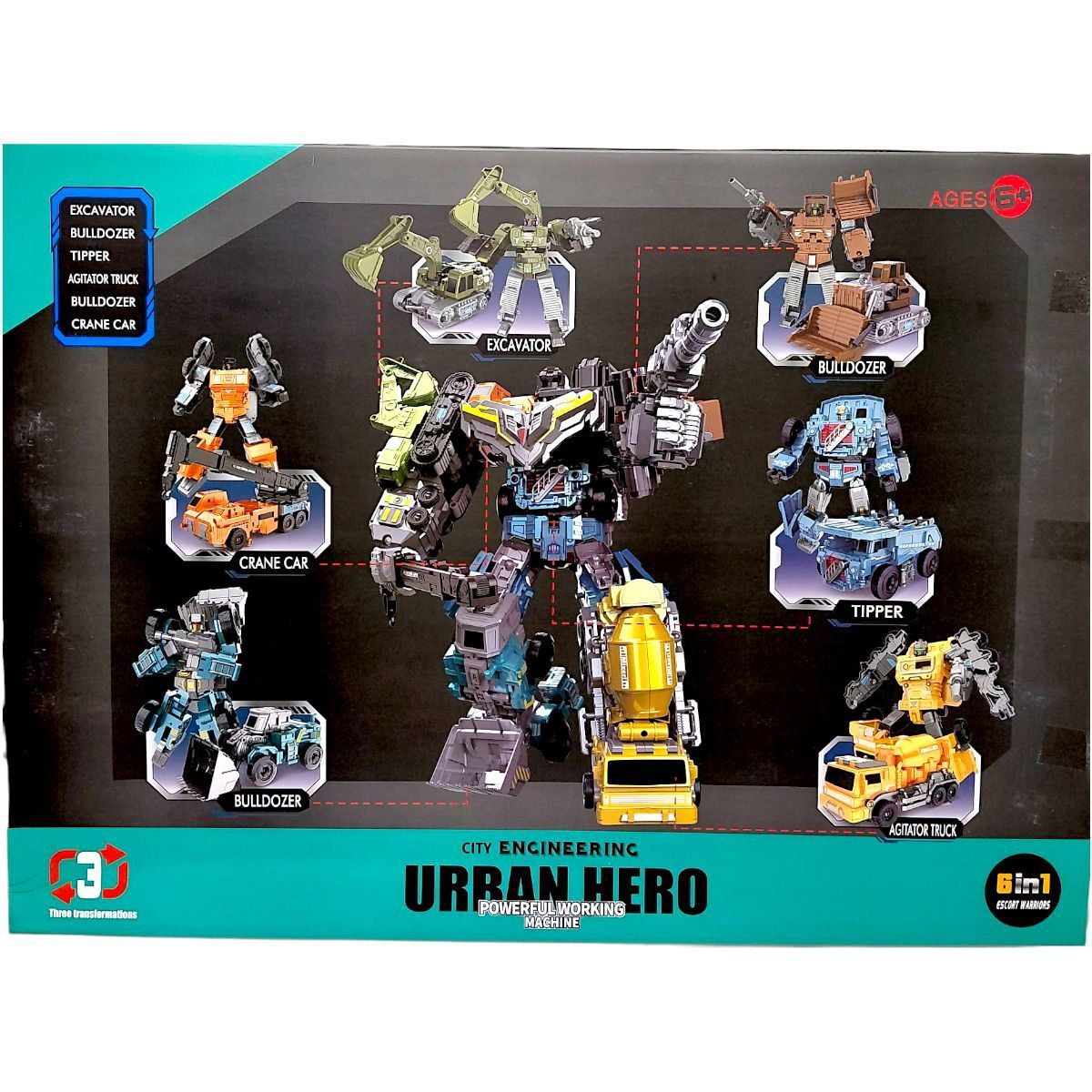 Набір трансформерів (6в1), робот висотою 48 см, бластер, екскаватор, 2 бульдозери, самоскид, кран, бетонозмішувач  фото 2
