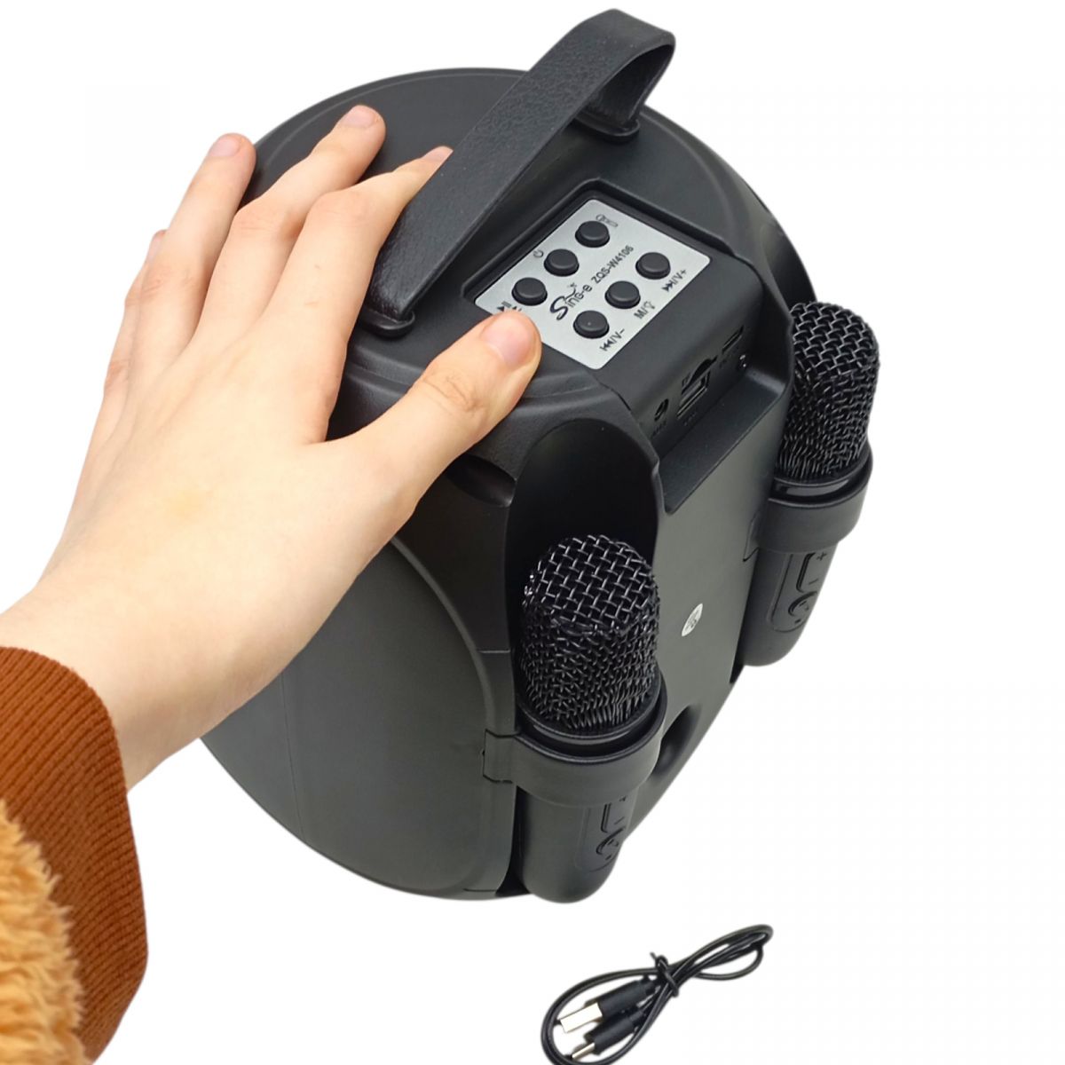 Караоке 2 мікрофони, підсвічування, вбудований акумулятор, Bluetooth, слот для TF-Card, роз’єм type-С, USB-роз’єм, AUX-роз’єм, зміна голосу, регулювання гучності, в коробці  фото 2