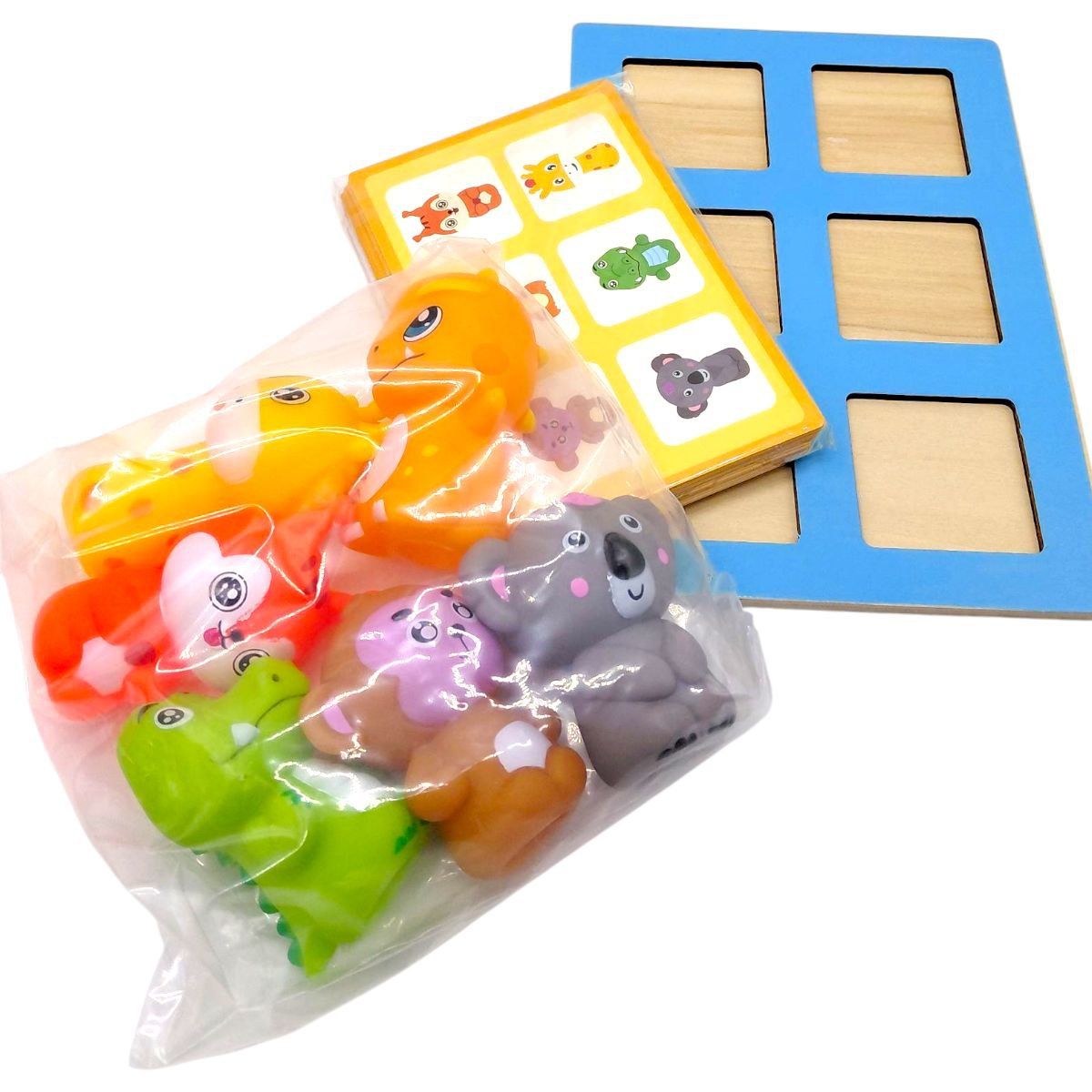 Логическая игра (деревянная доска 18х12. 5 см, резиновые фигурки животных, двусторонние карточки с комбинациями животных) в коробке 20х6х15 см  фото 2