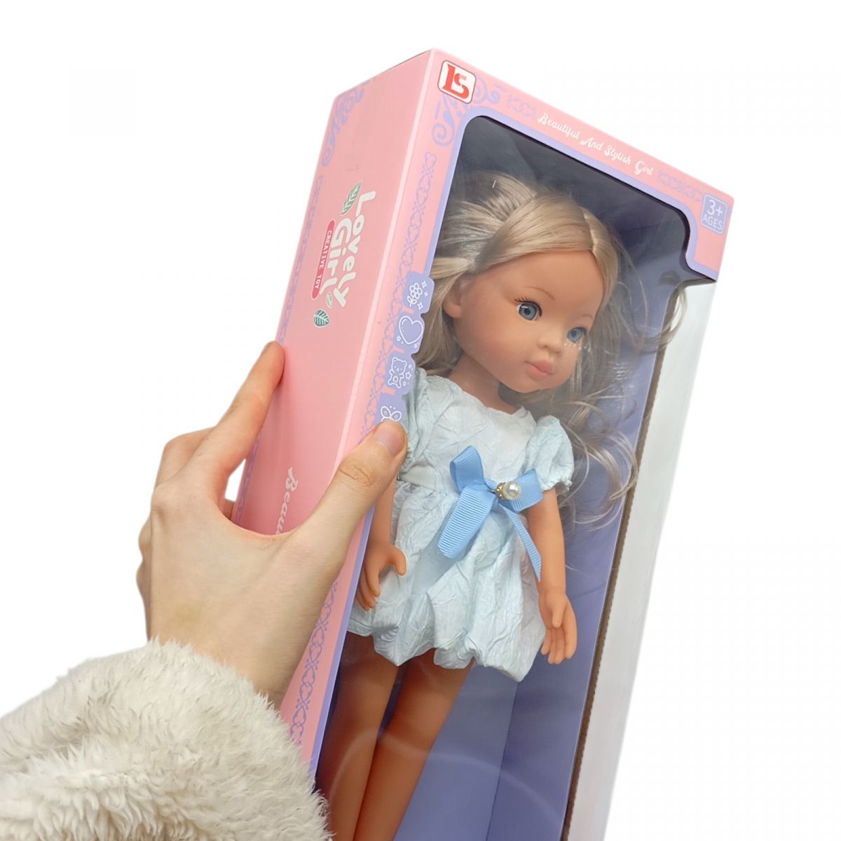 Лялька в сукні з блакитним бантом, розмір 33см  фото 2