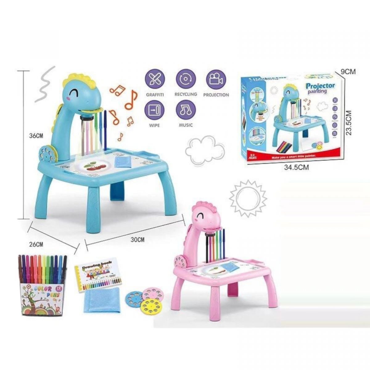Столик з проєктором, “Динозавр” 3 диски, фломастери, серветка, на батарейках, музика, підсвітка, в коробці  фото 2