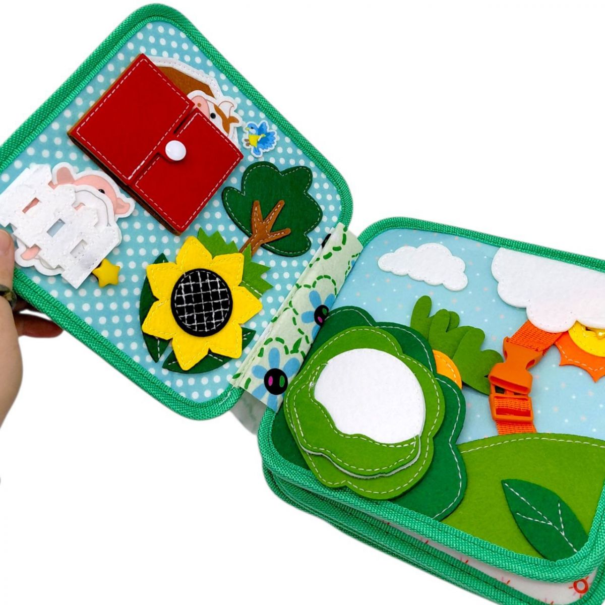 Мʼяка книжка бізіборд (фетр, намистини, прозора кишеня, цифри, елементи на липучках та кнопках, овочі, фрукти, комахи)  фото 2