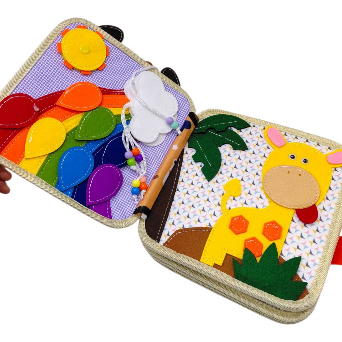 Мʼяка книжка-бізіборд (фетровий, вивчення форм, кольорів, тварин, пальчикові ігри, на липучках)  фото 2