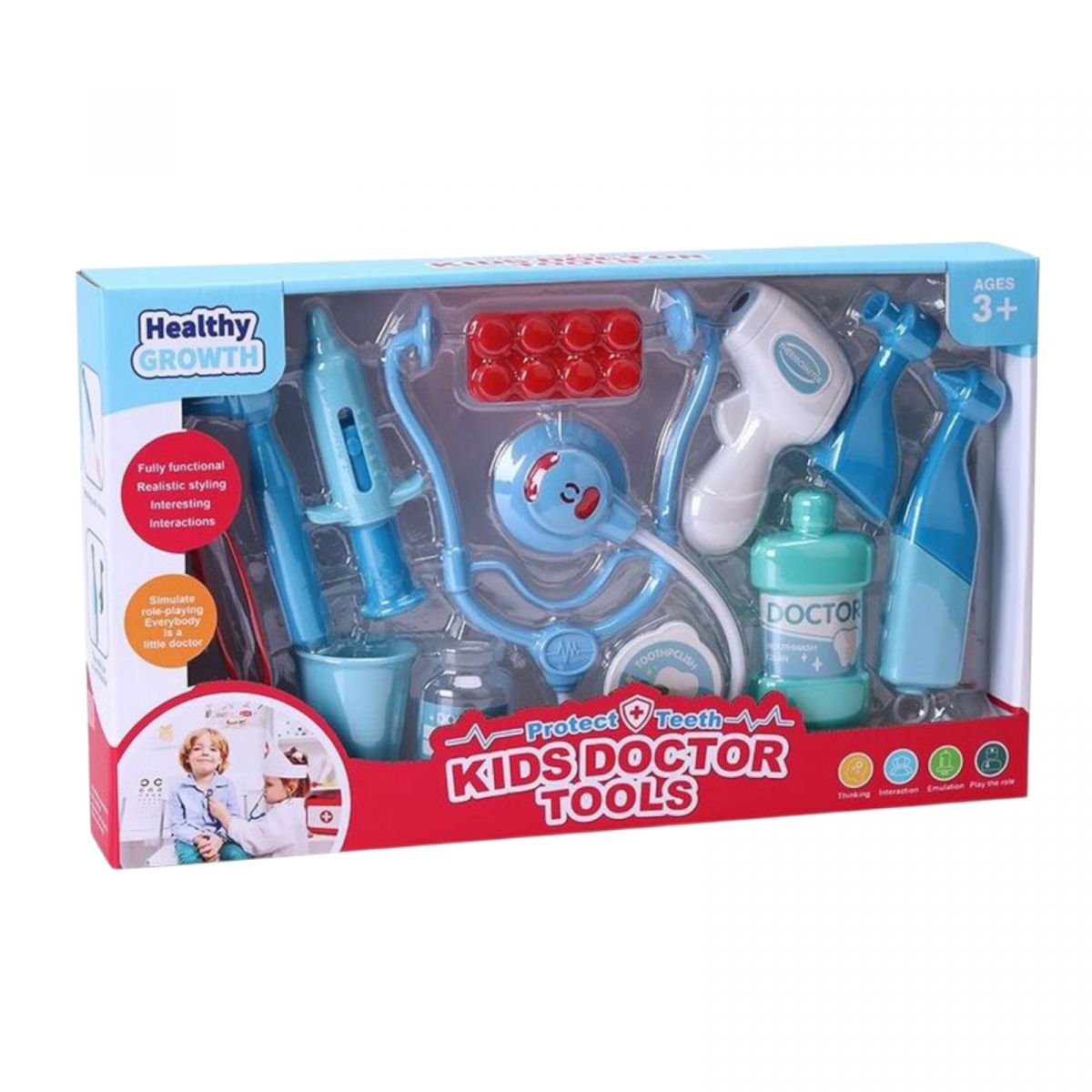 Набір лікаря бормашина вібрує, заводний механізм, термометр, стетоскоп, пінцет, шприц, таблетки, баночки, в коробці  фото 2