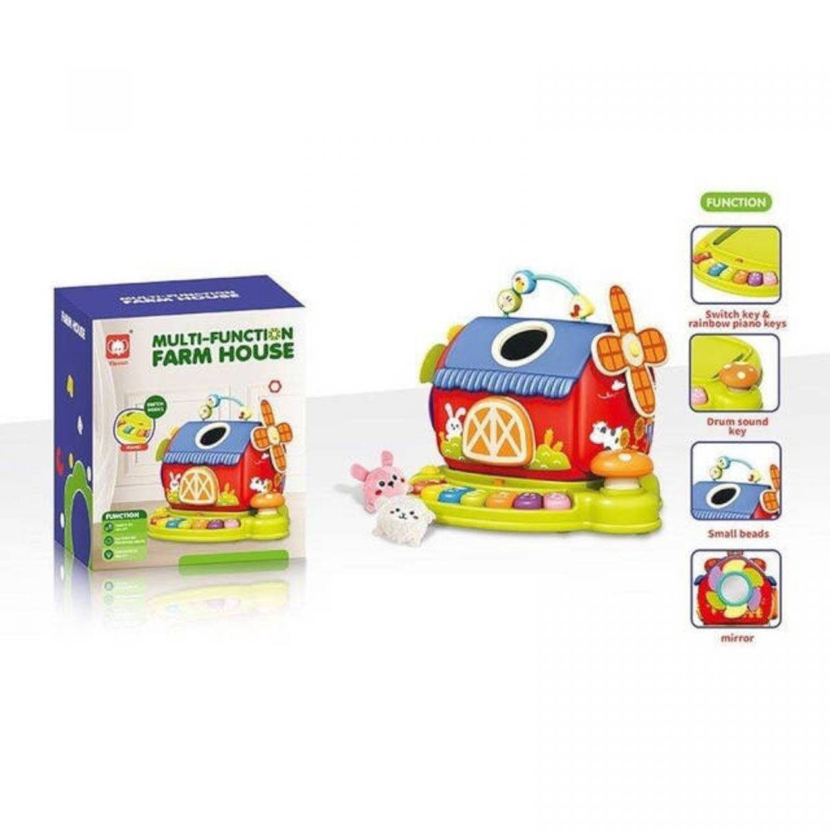 Розвивальний будинок текстильні тварини, пискавки, пальчикові ігри, шелесткі елементи, піаніно, режими гри, ноти, звуки тварин, гра на швидкість реакції, барабани, на батарейках, люстерко, в коробці  фото 2