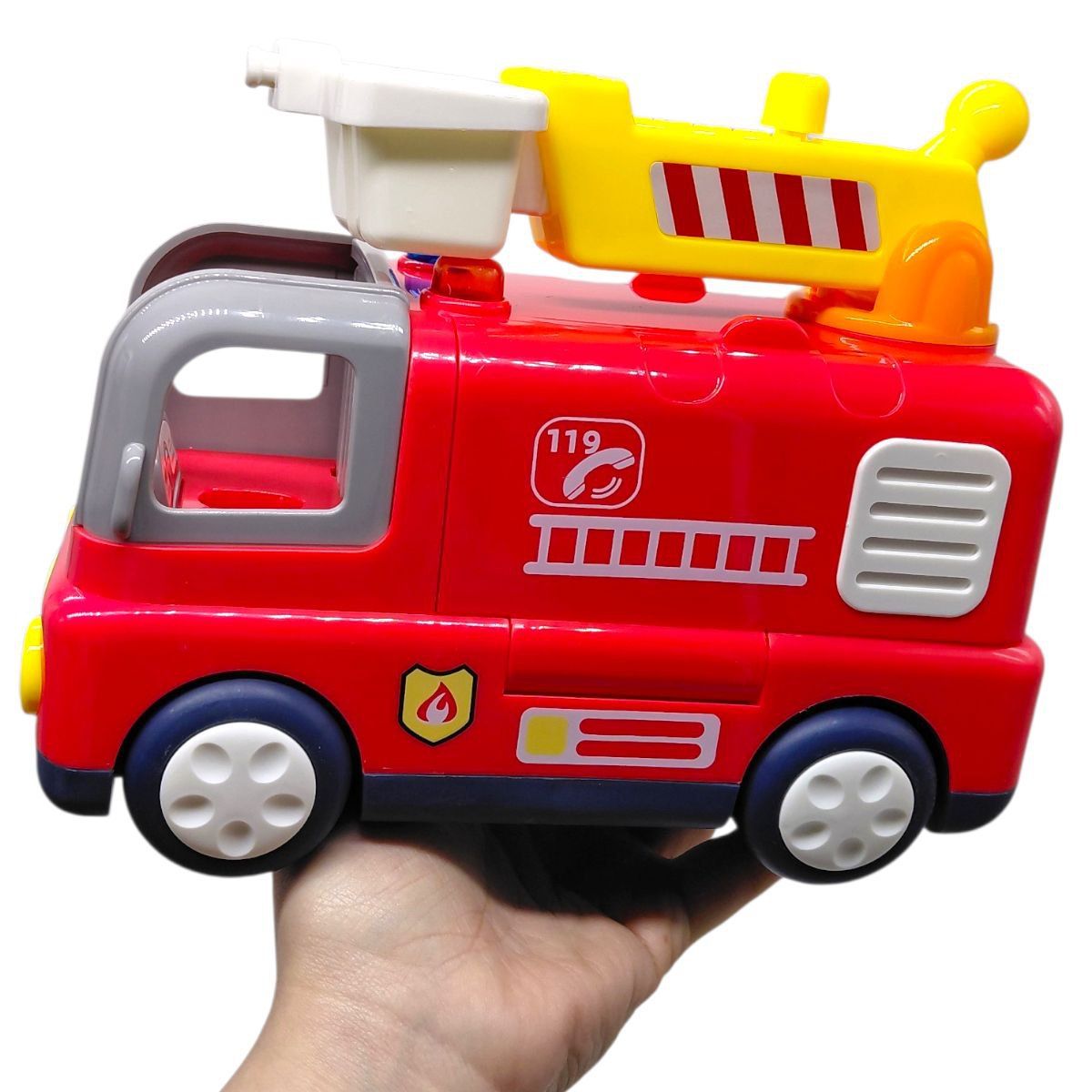 Музична машинка "Пожежна машина" (пісні, цікаві факти, віршики, підсвічування, сирена, 2 режими гучності, тріскачки, телескопічна драбина обертається на 360°, фігурка пожежника)  фото 2