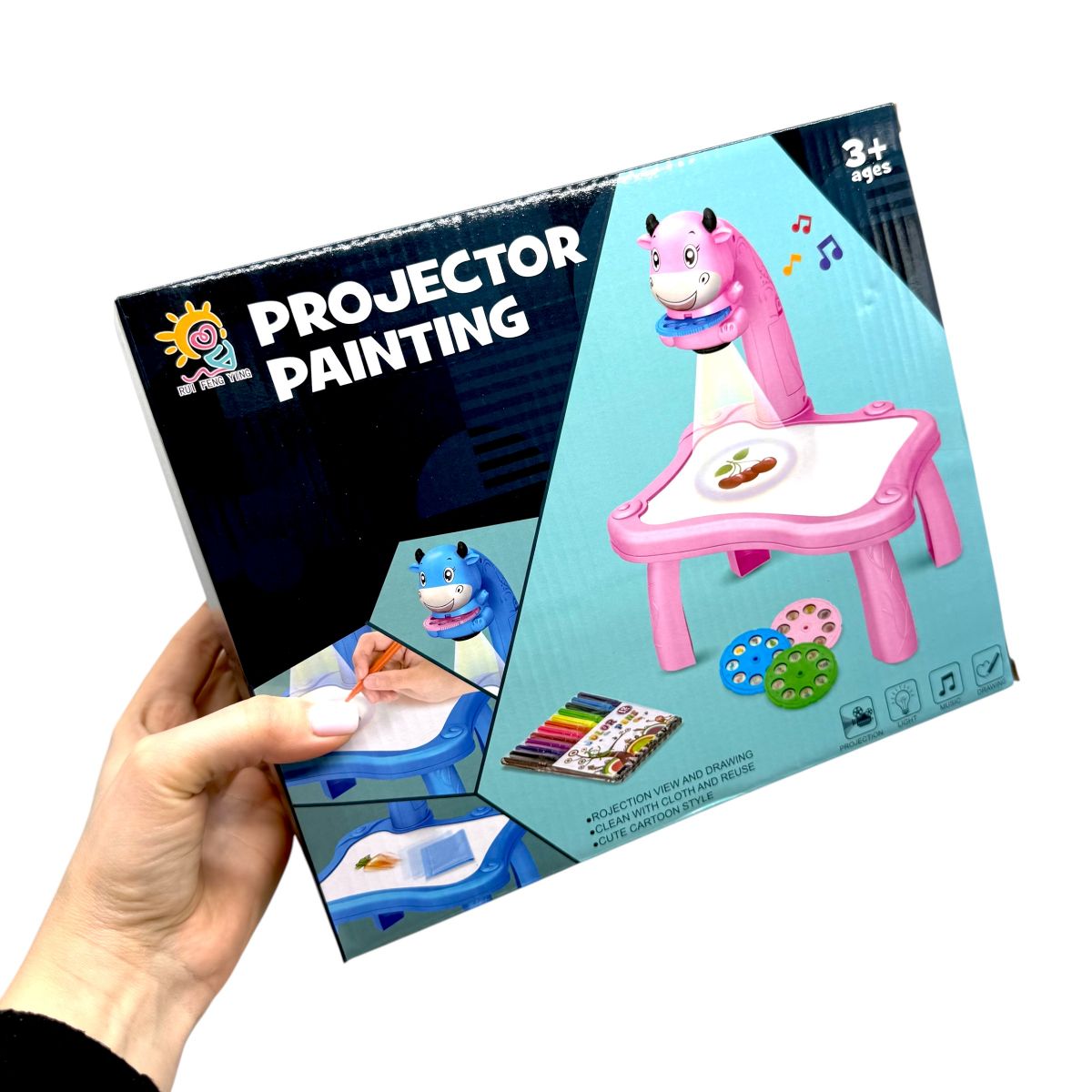 Столик с проектором RFY 222-1 (48/2) 2 цвета, на батарейках, музыка, 3 диска, фломастеры, в коробке  фото 2