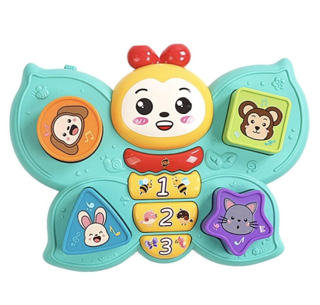 Музичний метелик, ОЗВУЧУВАННЯ УКРАЇНСЬКОЮ МОВОЮ, пісні, мелодії, загадки, звуки тварин, підсвічування, сортер, в коробці  фото 2