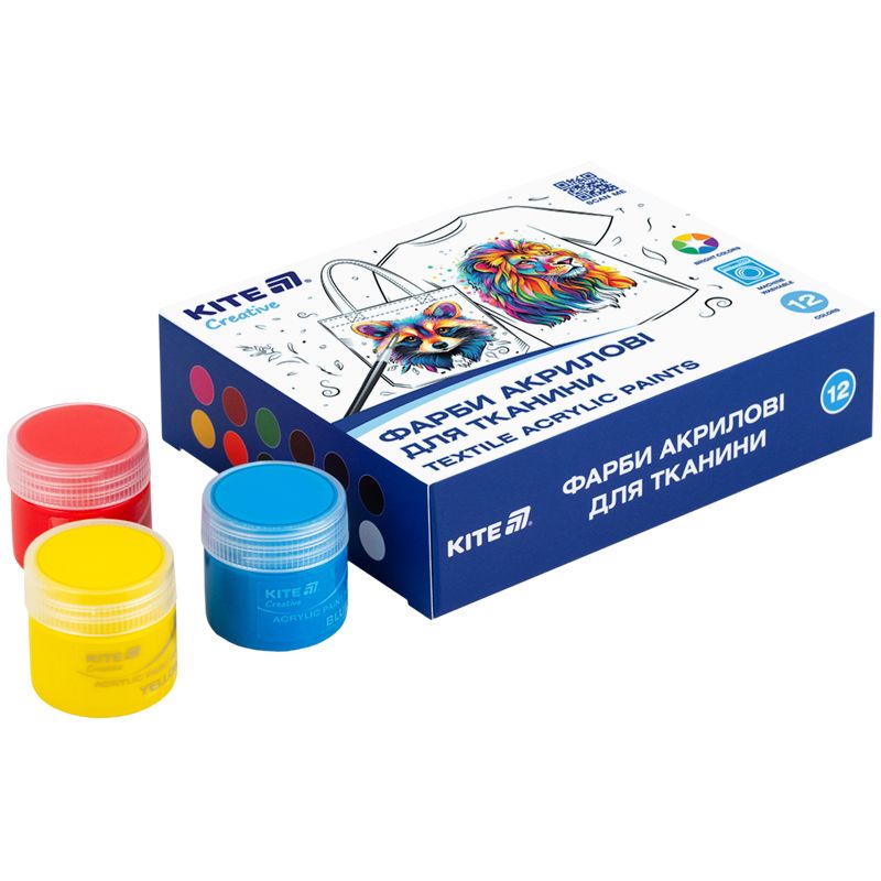 Фарби акрилові для тканини, 12 кольорів, 20 мл, Kite Creative  фото 2