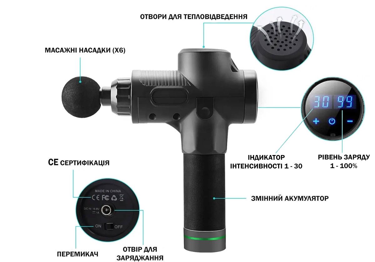 Масажний пістолет EasyFit Percussio (портативний перкусійний вібромасажер для тіла з 6 насадками)  фото 2