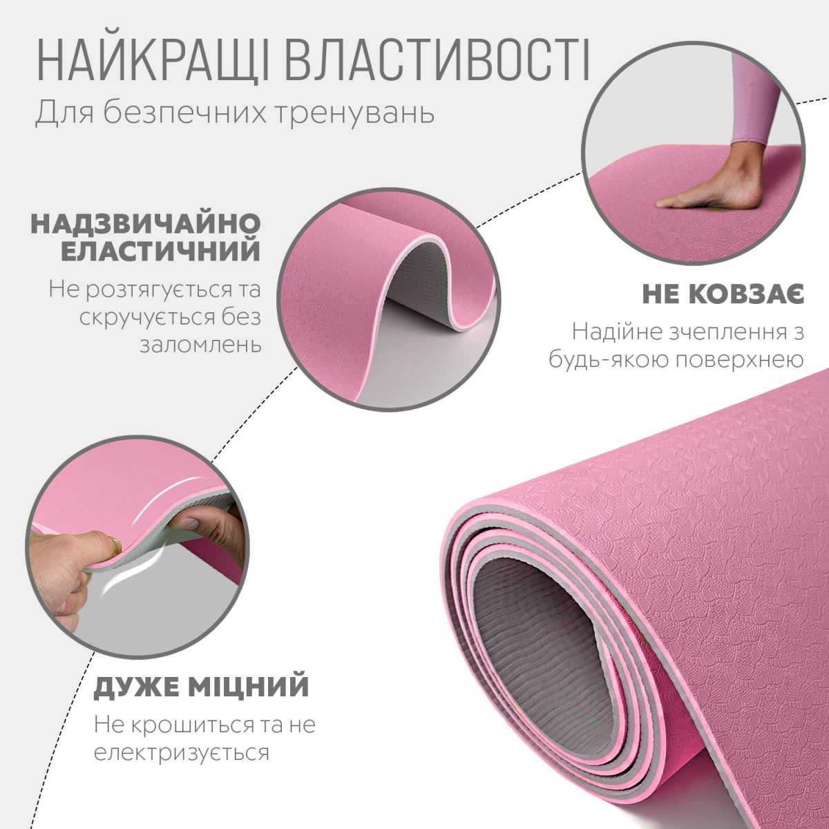 Коврик для йоги и фитнеса EasyFit TPE+TC 6 мм двухслойный розовый-серый + Чехол серый с черным  фото 2