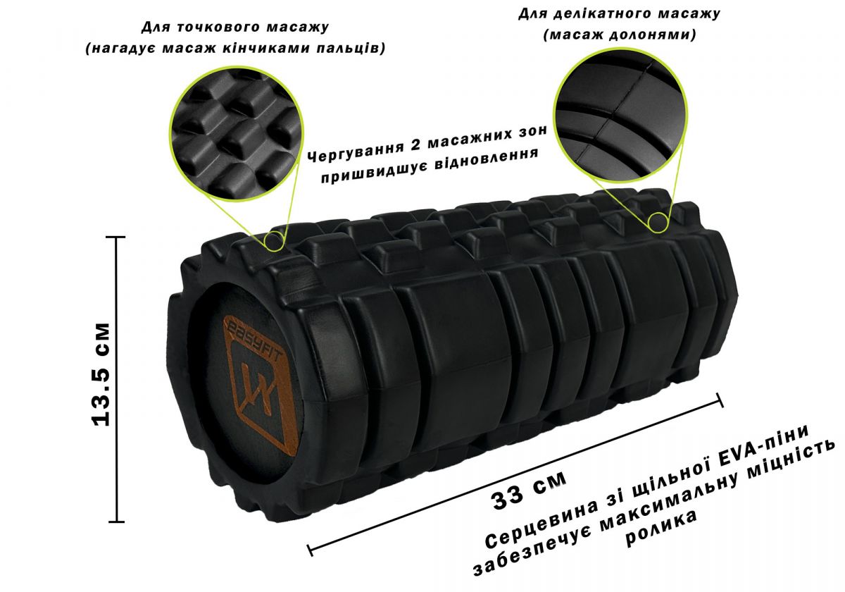 Массажный ролик EasyFit Solid Roller v. 1. 1s 33 см черный  фото 2