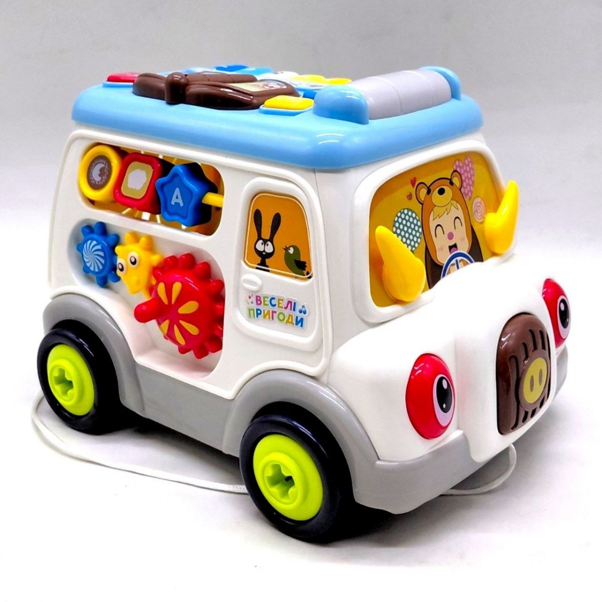 Музичний бізібус 45585 (12) “WToys”, 2 види, ОЗВУЧУВАННЯ УКРАЇНСЬКОЮ МОВОЮ, каталка, підсвічування, пісні, ноти, мелодії, кілька режимів, сортер, шестерні, тріскачки, в коробці  фото 2