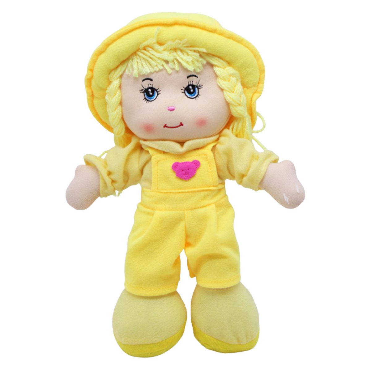 Мʼяка лялька "Дівчинка у комбінезоні", жовта