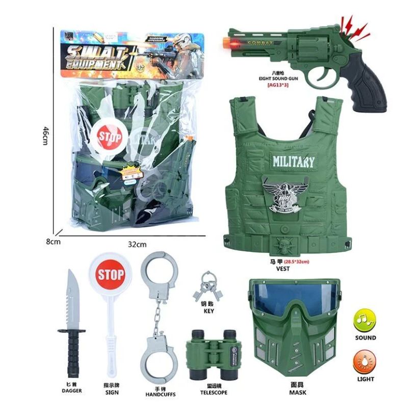 Військовий набір 2022-71 8 елементів, револьвер зі світлозвуковими ефектами, бронежилет, маска, у пакеті