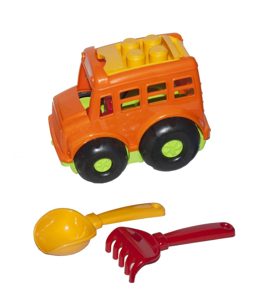 Уценка.  Автобус "Бусик №1" + лопатка и грабельки (оранжевый) - Не товарный вид