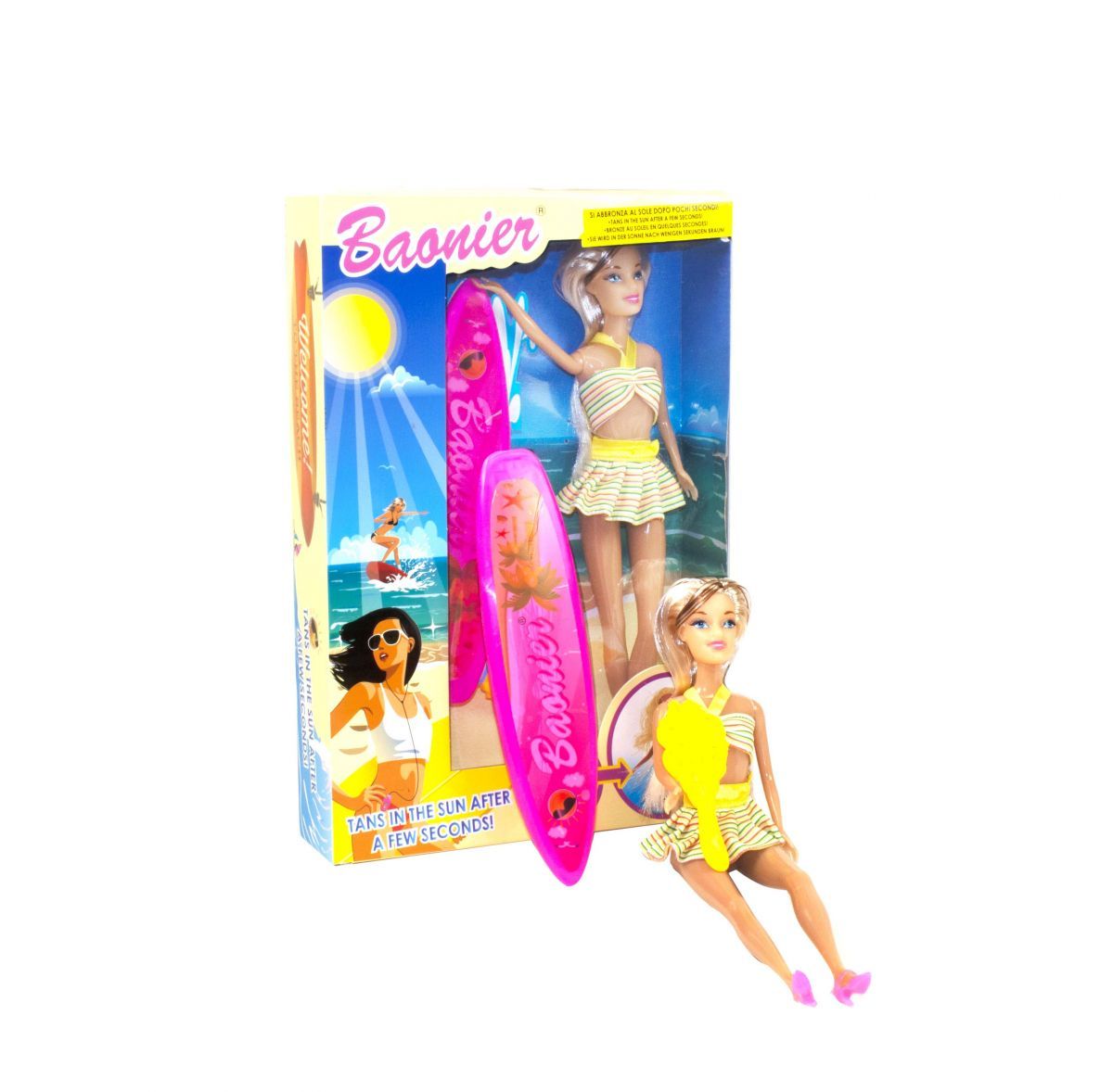 Уценка.  Кукла с аксессуарами "Пляж" (в жёлтом) - Повреждена упаковка, не загорает