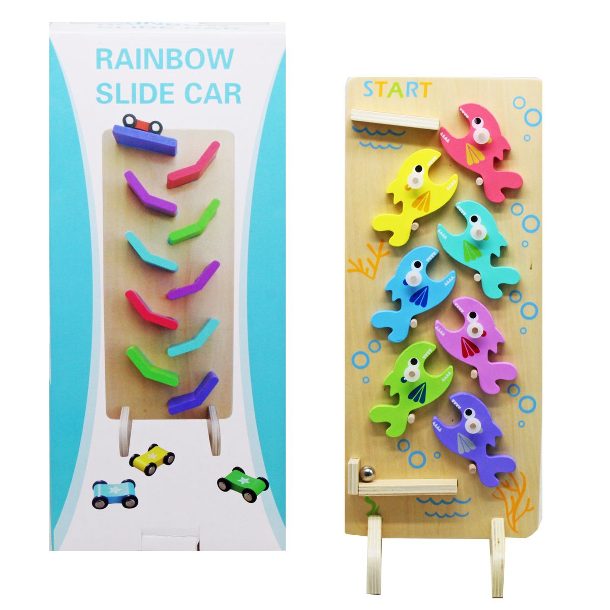 Деревʼяна гра 2в1 "Fish ball + Rainbow slide car"