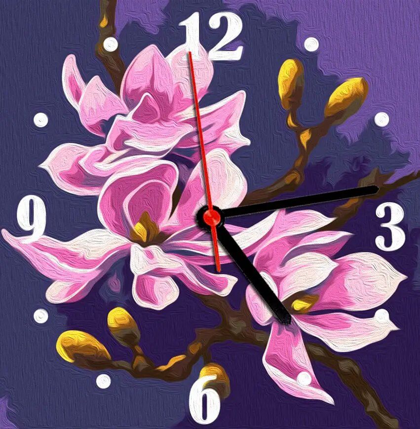 Годинник-картина за номерами "Магнолії", 30х30 см