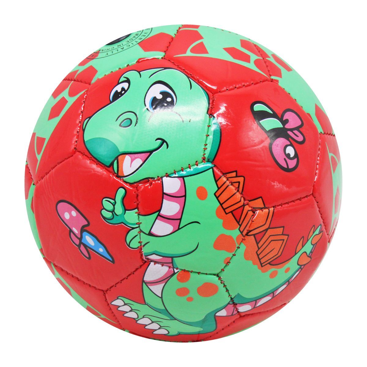 Уценка.  Мяч футбольный №2 "Динозаврики" (красный) небольшая дирка в покритии, не сквозная